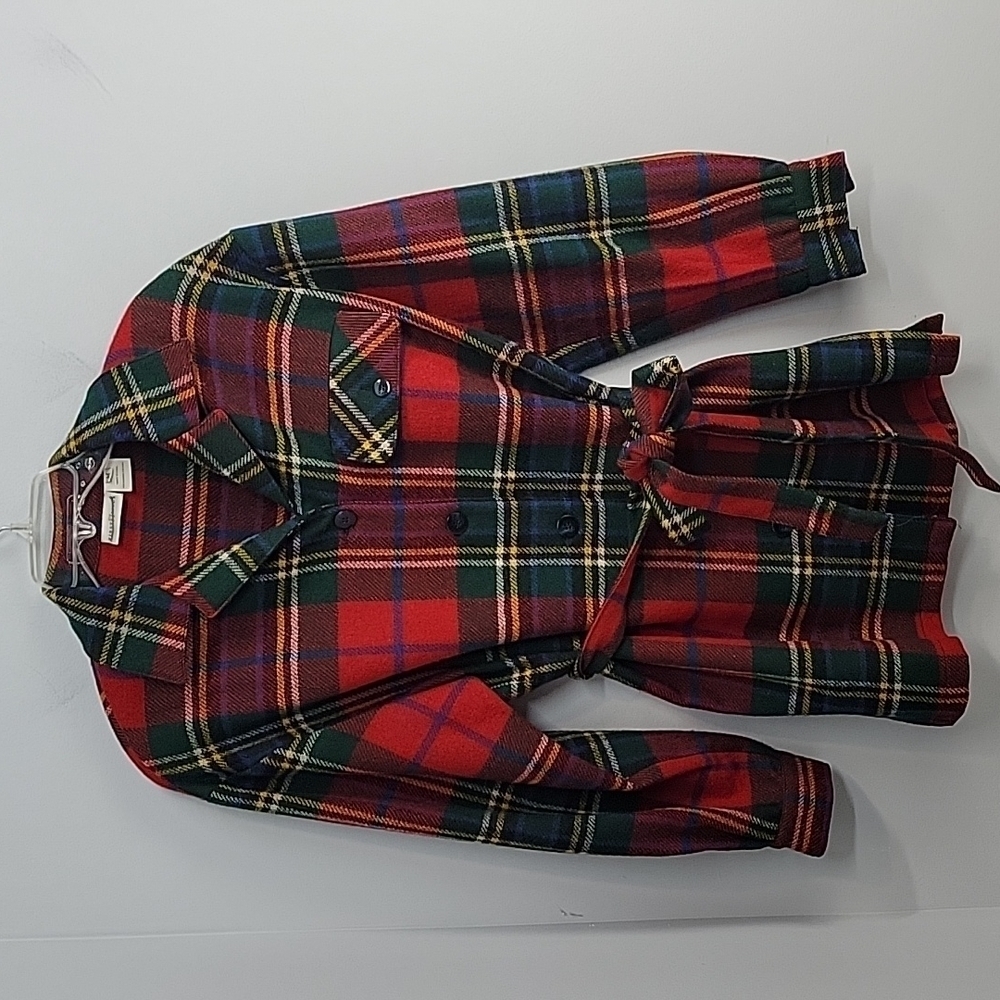 First Issue Vintage 90s Red Green Tartan Plaid Wool Belted Shacket jacket